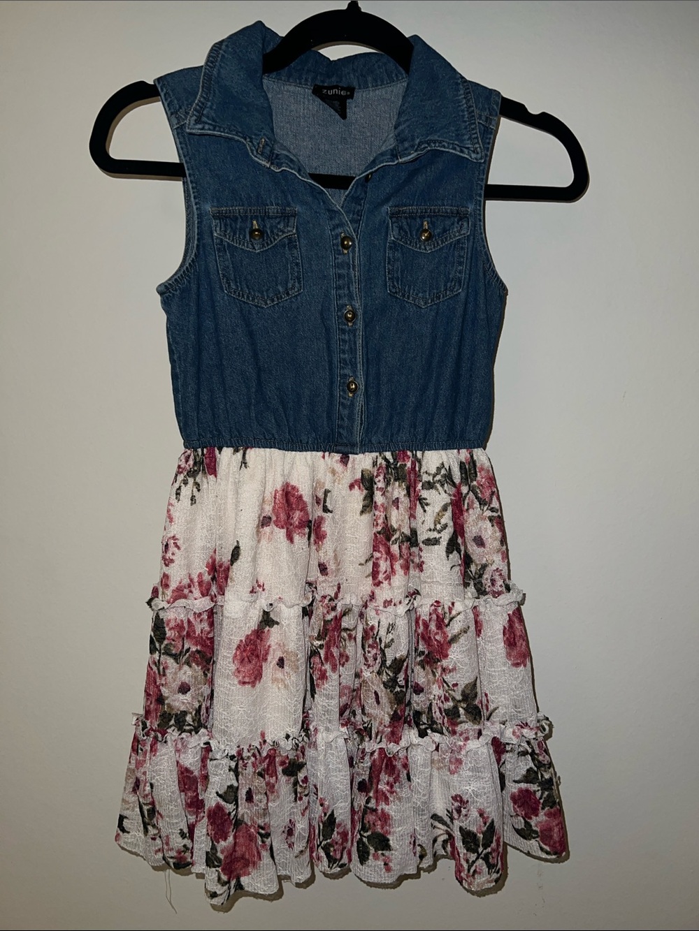 Zunie Denim-Top Floral Tiered Dress - Blue and Pink